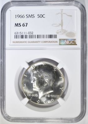 1966 SMS KENNEDY HALF DOLLAR NGC MS-67. TOP RATED AUCTION HOUSE ESTIMATE $75 - $100.