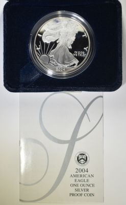 2004 PROOF AMERICAN SILVER EAGLE ORIG BOX/COA. BID WITH SILVER CITY AUCTIONS ESTIMATE $110 - $130.