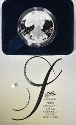 2006 PROOF AMERICAN SILVER EAGLE ORIG BOX/COA. LEADERS IN ON-LINE AUCTIONS ESTIMATE $110 - $130.