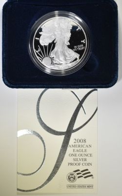 2008 PROOF AMERICAN SILVER EAGLE ORIG BOX/COA. TOP RATED AUCTION HOUSE ESTIMATE $110 - $130.