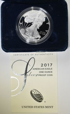 2017 PROOF AMERICAN SILVER EAGLE ORIG BOX/COA. WEEKLY COIN & CURRENCY AUCTIONS ESTIMATE $110 - $130.