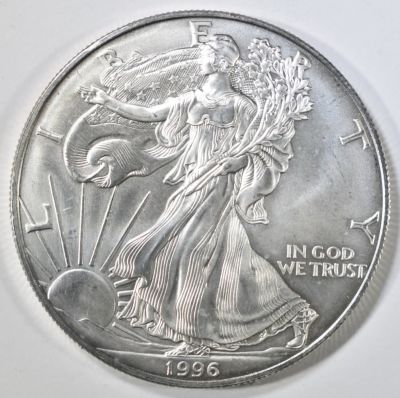 1996 BU AMERICAN SILVER EAGLE BETTER DATE. BID WITH SILVER CITY AUCTIONS ESTIMATE $85 - $100.