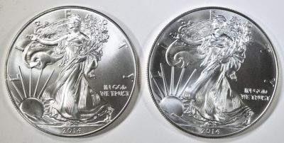 2-BU 2014 AMERICAN SILVER EAGLES. LEADERS IN ON-LINE AUCTIONS ESTIMATE $90 - $110.