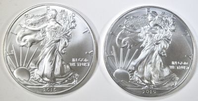 2-BU 2015 AMERICAN SILVER EAGLES. TOP RATED AUCTION HOUSE ESTIMATE $90 - $110.