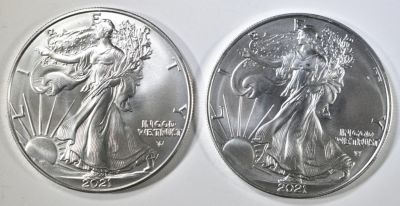 2-GEM BU 2021 T-2 AMERICAN SILVER EAGLES. WEEKLY COIN & CURRENCY AUCTIONS ESTIMATE $100 - $125.