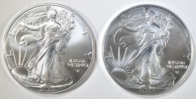 2-GEM BU 2022 AMERICAN SILVER EAGLES. CHECK OUT OUR UPCOMING AUCTIONS ESTIMATE $100 - $125.