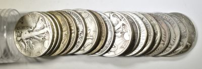 20-CIRC WALKING LIBERTY HALF DOLLARS. LEADERS IN ON-LINE AUCTIONS ESTIMATE $250 - $275.