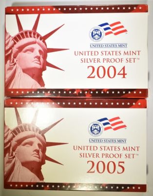 2004 & 2005 U.S. SILVER PROOF SETS ORIG PACKAGING. LEADERS IN ON-LINE AUCTIONS ESTIMATE $85 - $100.
