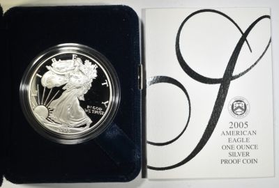 2005 PROOF AMERICAN SILVER EAGLE ORIG BOX/COA. WEEKLY COIN & CURRENCY AUCTIONS ESTIMATE $110 - $130.