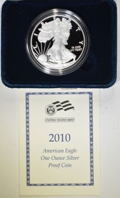2010 PROOF AMERICAN SILVER EAGLE ORIG BOX/COA. CHECK OUT OUR UPCOMING AUCTIONS ESTIMATE $110 - $130.
