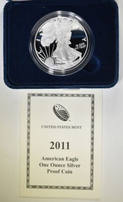 2011 PROOF AMERICAN SILVER EAGLE ORIG BOX/COA. BID WITH SILVER CITY AUCTIONS ESTIMATE $110 - $130.
