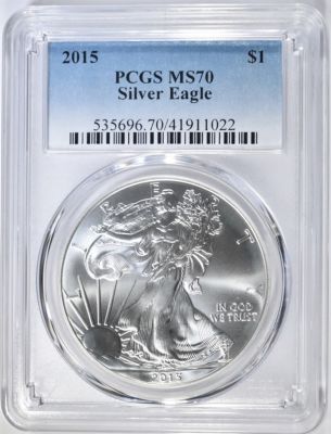 2015 SILVER EAGLE PCGS MS-70. CHECK OUT OUR UPCOMING AUCTIONS ESTIMATE $100 - $125.