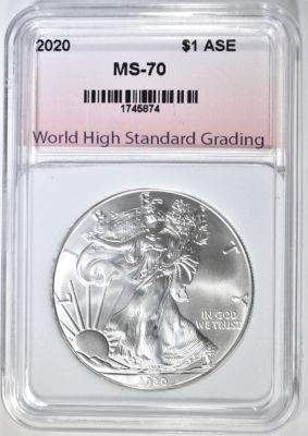 2020 AM. SILVER EAGLE, WHSG PERFECT GEM BU. CHECK OUT OUR UPCOMING AUCTIONS ESTIMATE $100 - $130.