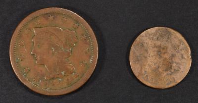 1849 LARGE CENT, VG & 1876 INDIAN CENT, AG. POROUS ESTIMATE $75 - $85.