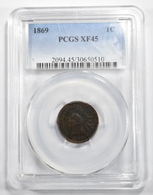 1869 INDIAN CENT PCGS XF-45. BID WITH SILVER CITY AUCTIONS ESTIMATE $450 - $500.