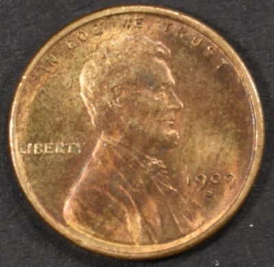 1909-S LINCOLN CENT CH BU RB. TOP RATED AUCTION HOUSE ESTIMATE $350 - $400.