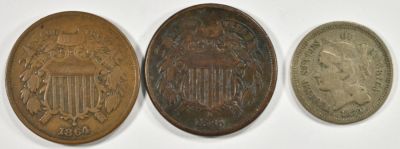 1864, 1865 2 CENT PIECES VF, & 1870 3C NICKEL VF. WEEKLY COIN & CURRENCY AUCTIONS ESTIMATE $75 - 