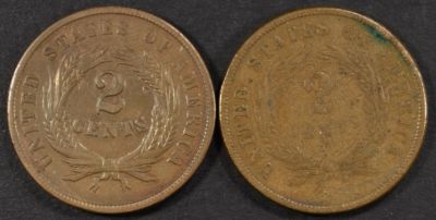 1864 & 1865 2 CENT PIECES XF. TOP RATED AUCTION HOUSE ESTIMATE $100 - $120.