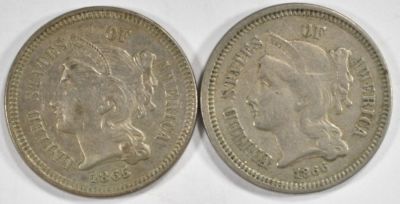 1865 AU, & 1866 XF 3 CENT NICKELS. WEEKLY COIN & CURRENCY AUCTIONS ESTIMATE $100 - $120.