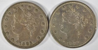 2 1883 N/C LIBERTY NICKELS AU/BU. LEADERS IN ON-LINE AUCTIONS ESTIMATE $75 - $100.