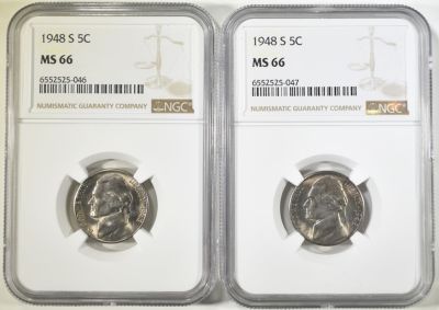 2 1948 S JEFFERSON NICKELS NGC MS 66. LEADERS IN ON-LINE AUCTIONS ESTIMATE $75 - $100.