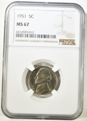 1951 JEFFERSON NICKEL NGC MS-67. LEADERS IN ON-LINE AUCTIONS ESTIMATE $1200 - $1500.