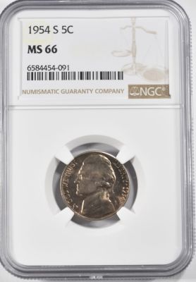 1954 S JEFFERSON NICKELS NGC MS 66. BID WITH SILVER CITY AUCTIONS ESTIMATE $60 - $80.