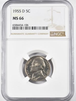 1955 D JEFFERSON NICKELS NGC MS 66. CHECK OUT OUR UPCOMING AUCTIONS ESTIMATE $100 - $150.