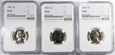 (3) 1957 JEFFERSON NICKELS NGC PF 67. CHECK OUT OUR UPCOMING AUCTIONS ESTIMATE $60 - $80.