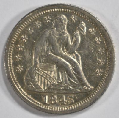 1845 SEATED LIBERTY DIME AU/BU LIGHT SCRATCH. BID WITH SILVER CITY AUCTIONS ESTIMATE $150 - $200.