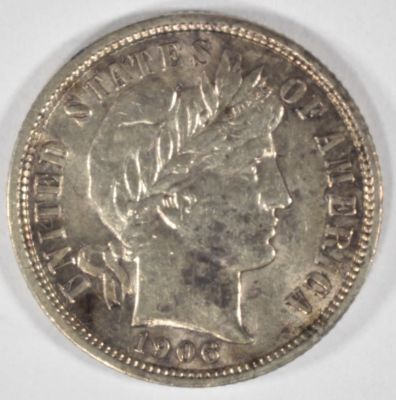 1906 BARBER DIME AU/BU. TOP RATED AUCTION HOUSE ESTIMATE $100 - $120.