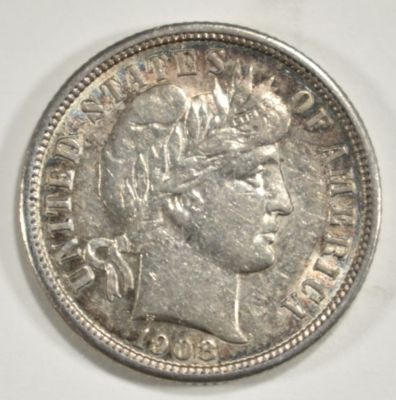 1908-S BARBER DIME CH AU. BID WITH SILVER CITY AUCTIONS ESTIMATE $200 - $250.