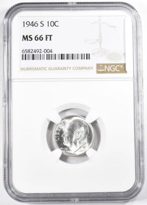 1946-S ROOSEVELT DIME NGC MS-66 FT. LEADERS IN ON-LINE AUCTIONS ESTIMATE $50 - $75.