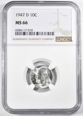 1947D ROOSEVELT DIME NGC MS66. CHECK OUT OUR UPCOMING AUCTIONS ESTIMATE $75 - $100.