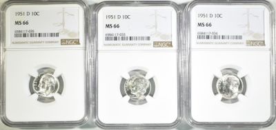 (3) 1951 D ROOSEVELT DIMES NGC MS66. WEEKLY COIN & CURRENCY AUCTIONS ESTIMATE $75 - $100.