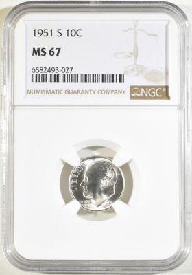 1951-S ROOSEVELT DIME NGC MS-67. TOP RATED AUCTION HOUSE ESTIMATE $75 - $100.