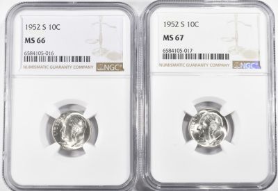 (2) 1952S ROOSEVELT DIMES NGC MS67/66. BID WITH SILVER CITY AUCTIONS ESTIMATE $80 - $120.