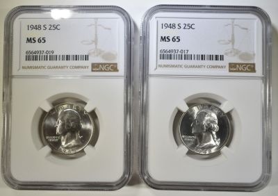 (2) 1948 S WASHINGTON QUARTERS NGC MS 65. LEADERS IN ON-LINE AUCTIONS ESTIMATE $90 - $130.
