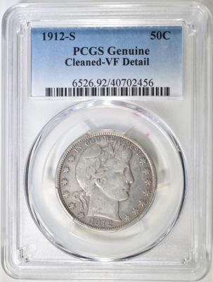 1912-S BARBER HALF DOLLAR PCGS VF. TOP RATED AUCTION HOUSE ESTIMATE $150 - $200.