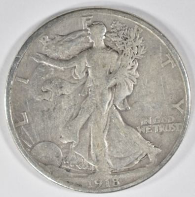 1918-D WALKING LIBERTY HALF VF. CHECK OUT OUR UPCOMING AUCTIONS ESTIMATE $150 - $200.