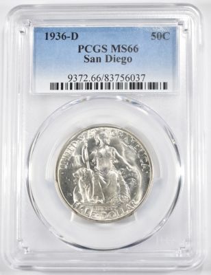 1936-D SAN DIEGO COMMEM HALF DOLLAR PCGS MS 66. TOP RATED AUCTION HOUSE ESTIMATE $300 - $350.