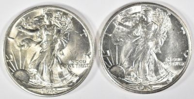1945-D,S WALKING LIBERTY HALVES CH BU. WEEKLY COIN & CURRENCY AUCTIONS ESTIMATE $100 - $120.