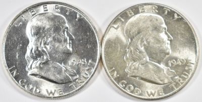 1948 & 1949 FRANKLIN HALVES CH BU. BID WITH SILVER CITY AUCTIONS ESTIMATE $75 - $100.