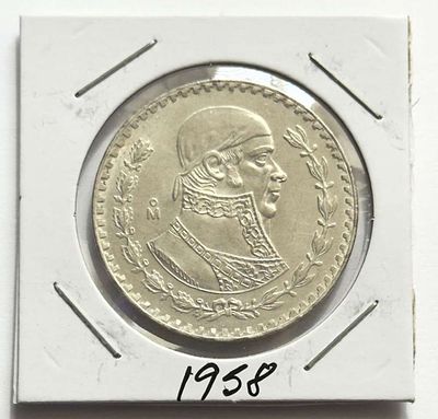 1958 Mexico 1 Peso BU .0514 ozt ASW .100 Silver. Winner shall receive the exact coin shown here. 