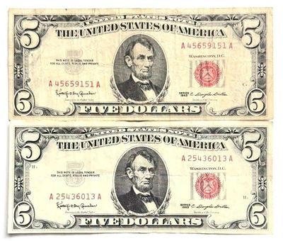 (2) 1963 United States $5 Five Dollar Red Seal Bank Notes. Winner shall receive the exact (2) 