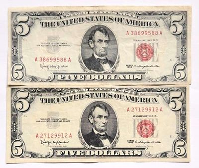 (2) 1963 United States $5 Five Dollar Red Seal Bank Notes. Winner shall receive the exact (2) 
