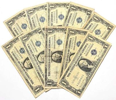 (10) 1935 United States $1 One Dollar Silver Certificate Blue Seal Bank Notes. Winner shall 