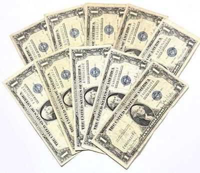 (10) 1935 United States $1 One Dollar Silver Certificate Blue Seal Bank Notes. Winner shall 