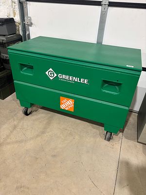Greenlee Metal Roll Around Storage Box (4'). it has two master locks that we don't have a key 