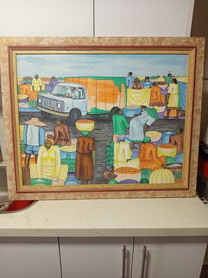 תמונת שמן אומן אפריקאי חיי יום יום בשוק גודל 88 על 71 סמ